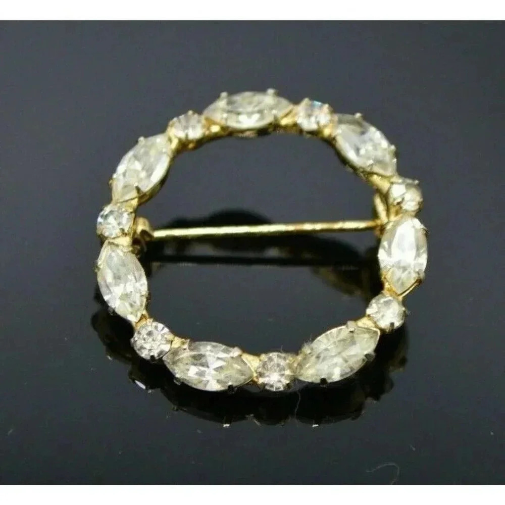 Clear Glass Rhinestone Dainty Gold Tone Wreath Cir